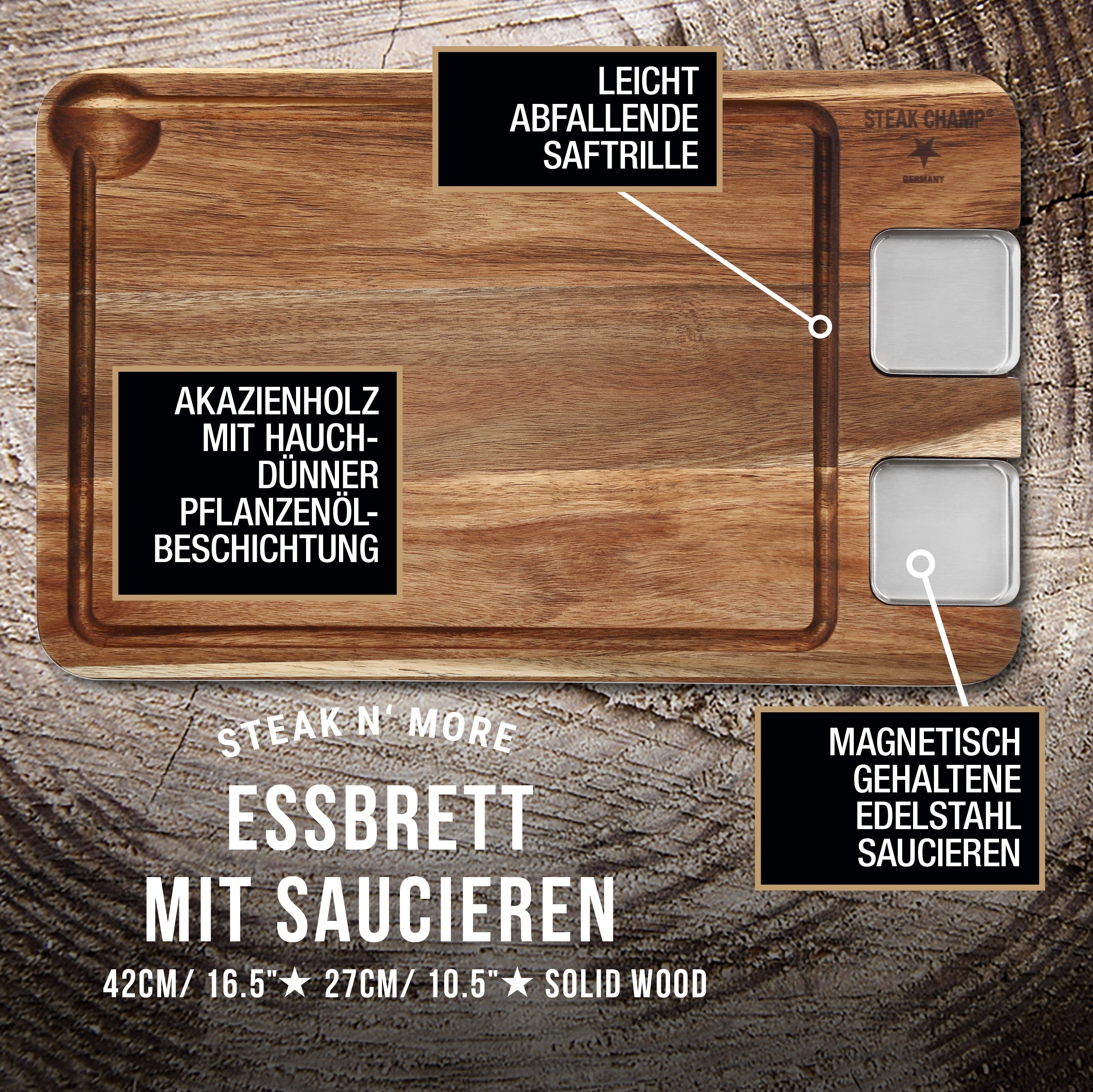 STEAK-ESSBRETT | MIT EDELSTAHL-SAUCIERE