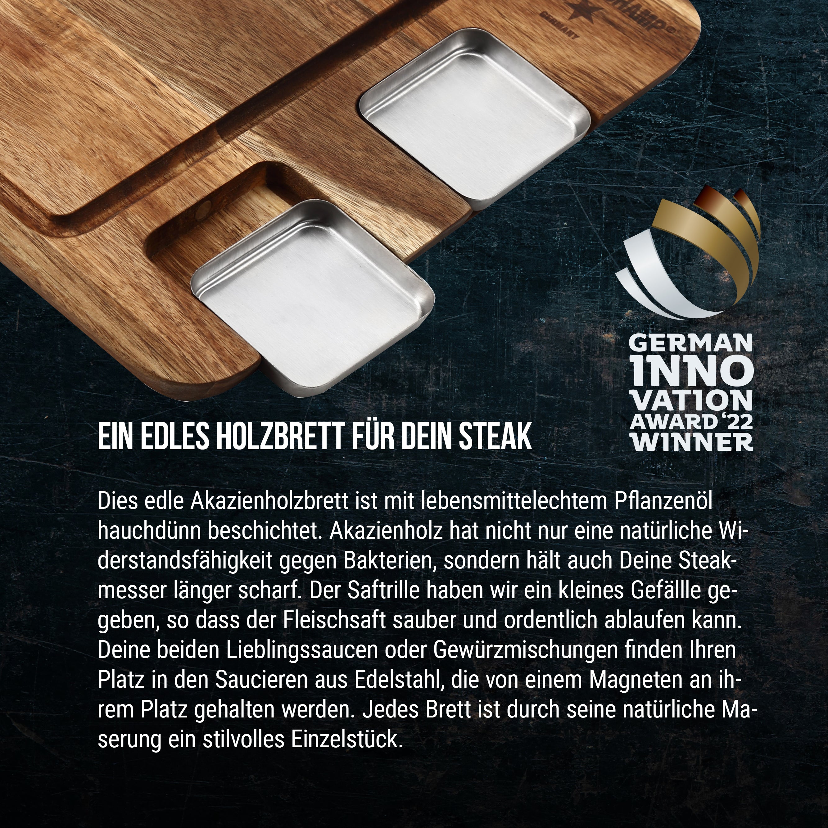 STEAK-ESSBRETT | MIT EDELSTAHL-SAUCIERE