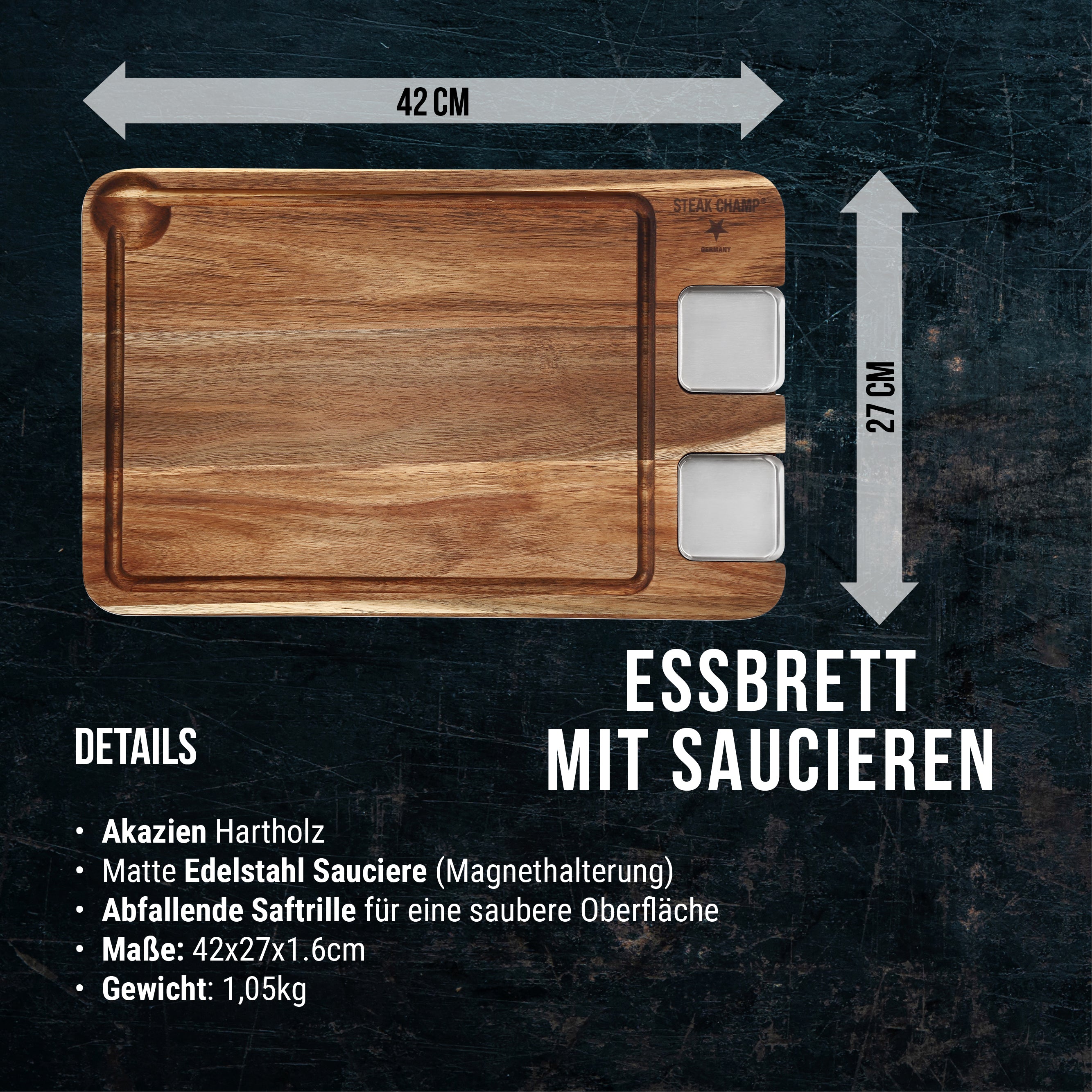 STEAK-ESSBRETT | MIT EDELSTAHL-SAUCIERE