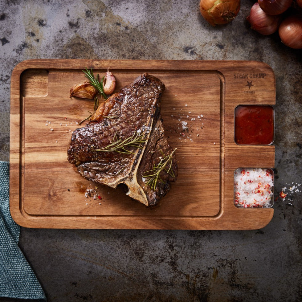 STEAK-ESSBRETT | MIT EDELSTAHL-SAUCIERE