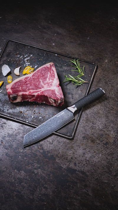 DAMASCUS KITCHEN KNIFE "WAGYU" | WITH LEATHER SHEATH